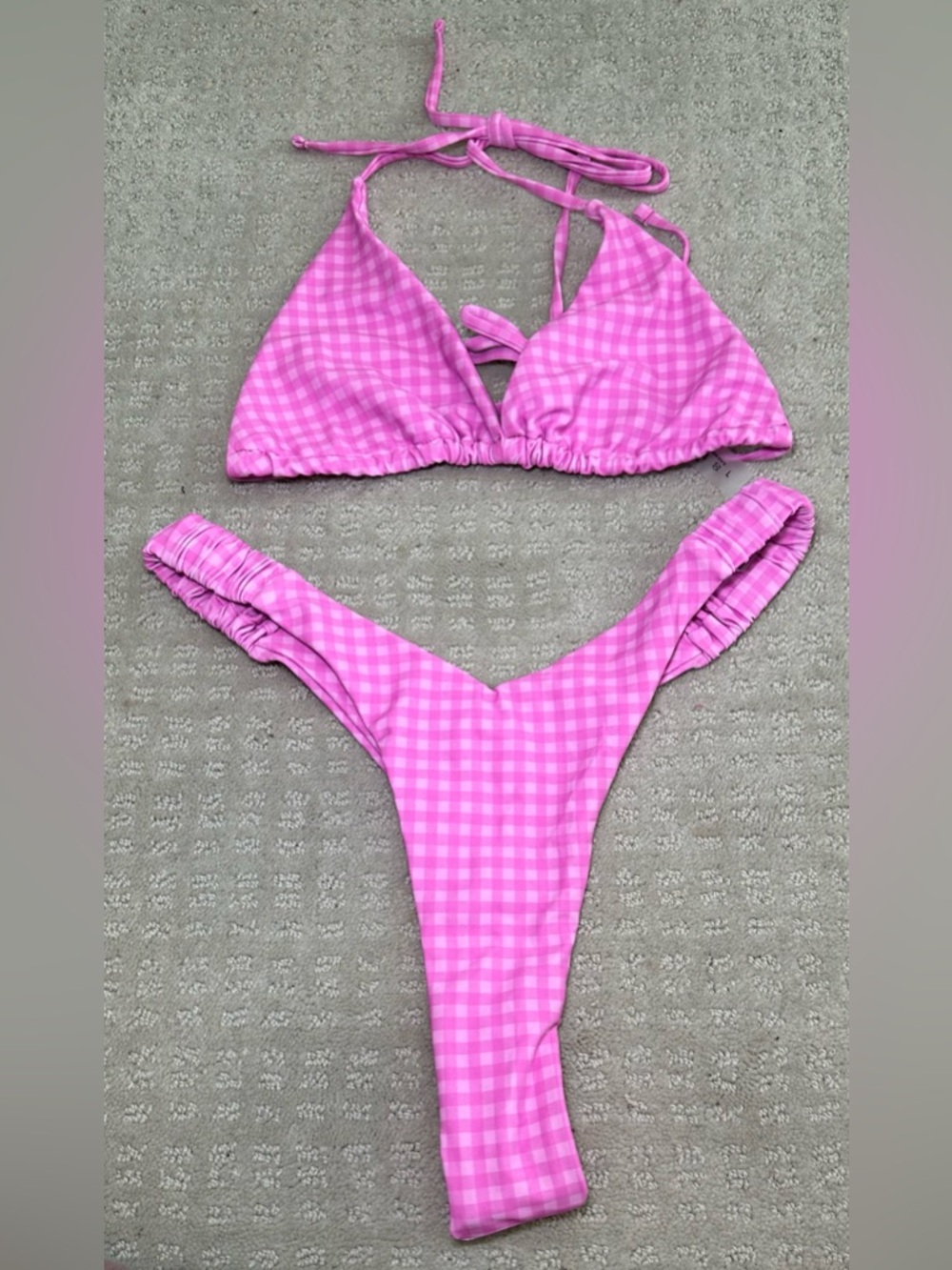 NWOT 3 Piece Bikini Bundle Gingham Check High Cut Triangle Swim‎ Pink Red Blue L - Picture 2 of 10